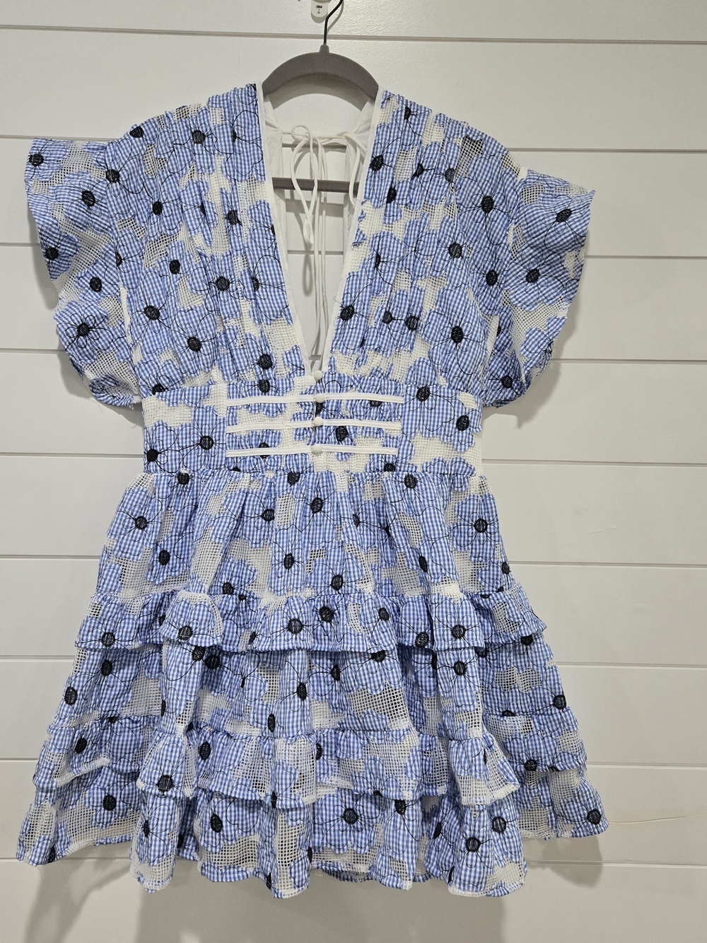 Buddy Love Jacey Tiered Mini Dress Blue and White Gingham Ruffle Plunge Neck Med